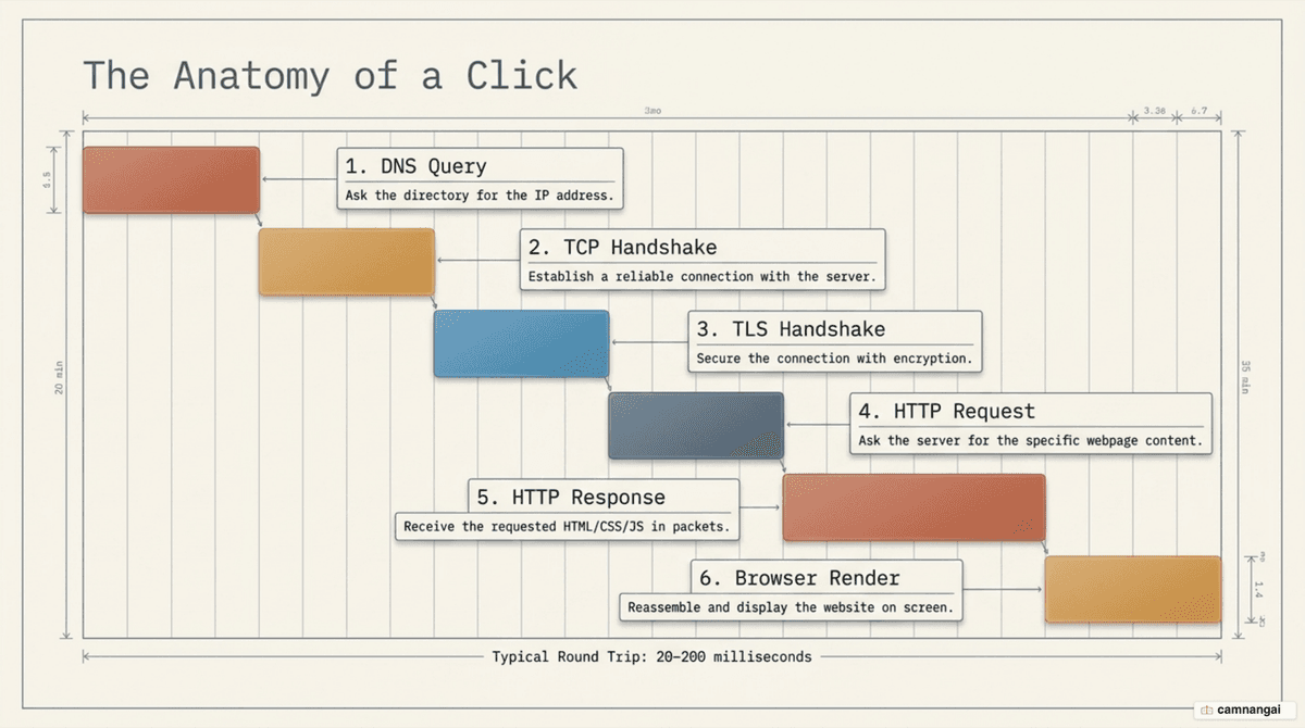 The page-load sequence: DNS query, TCP handshake, TLS handshake, HTTP request, HTTP response, then browser rendering