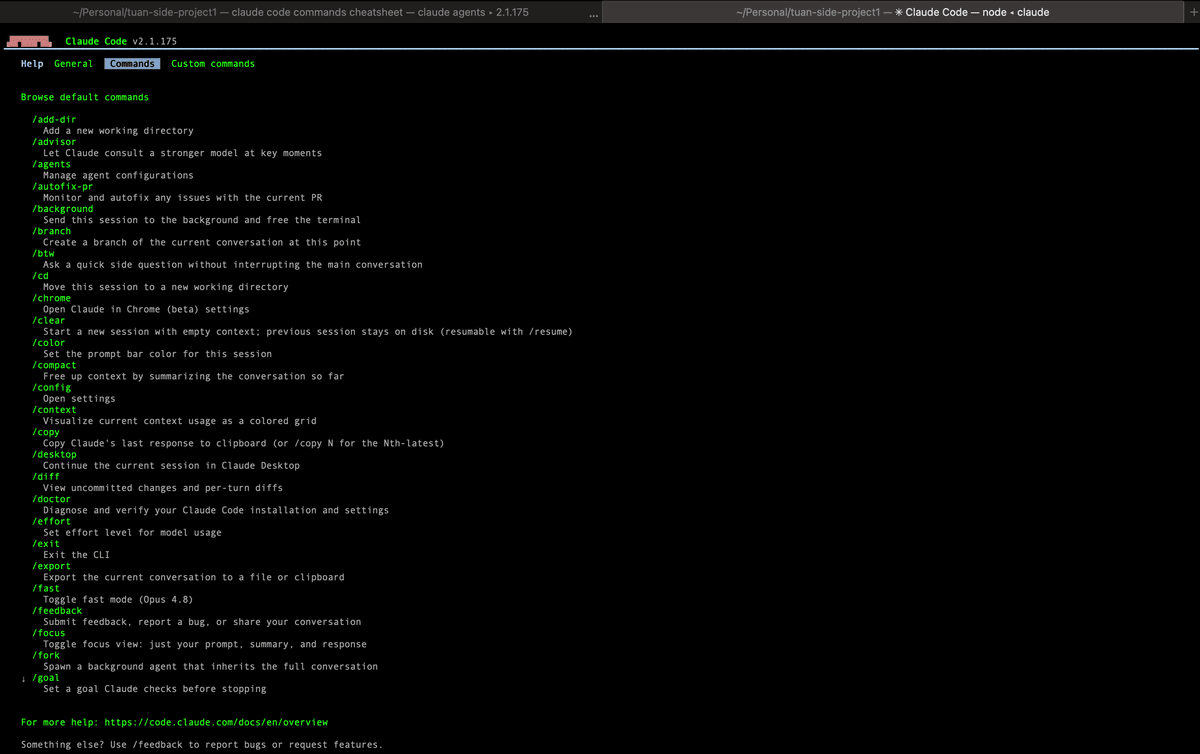 Claude Code session in a terminal with the slash-command menu open after typing /, listing available commands with short descriptions