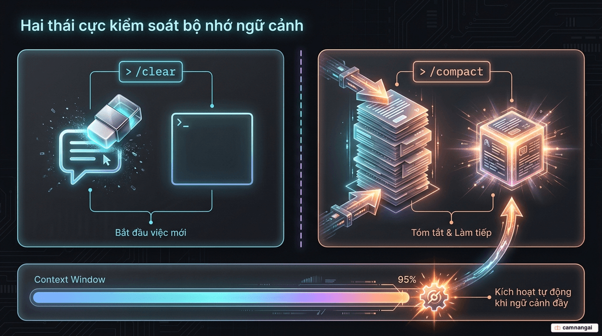 So sánh /clear xóa trắng hội thoại và /compact nén hội thoại thành bản tóm tắt, kèm mốc auto-compact tự kích hoạt ở khoảng 95% cửa sổ ngữ cảnh