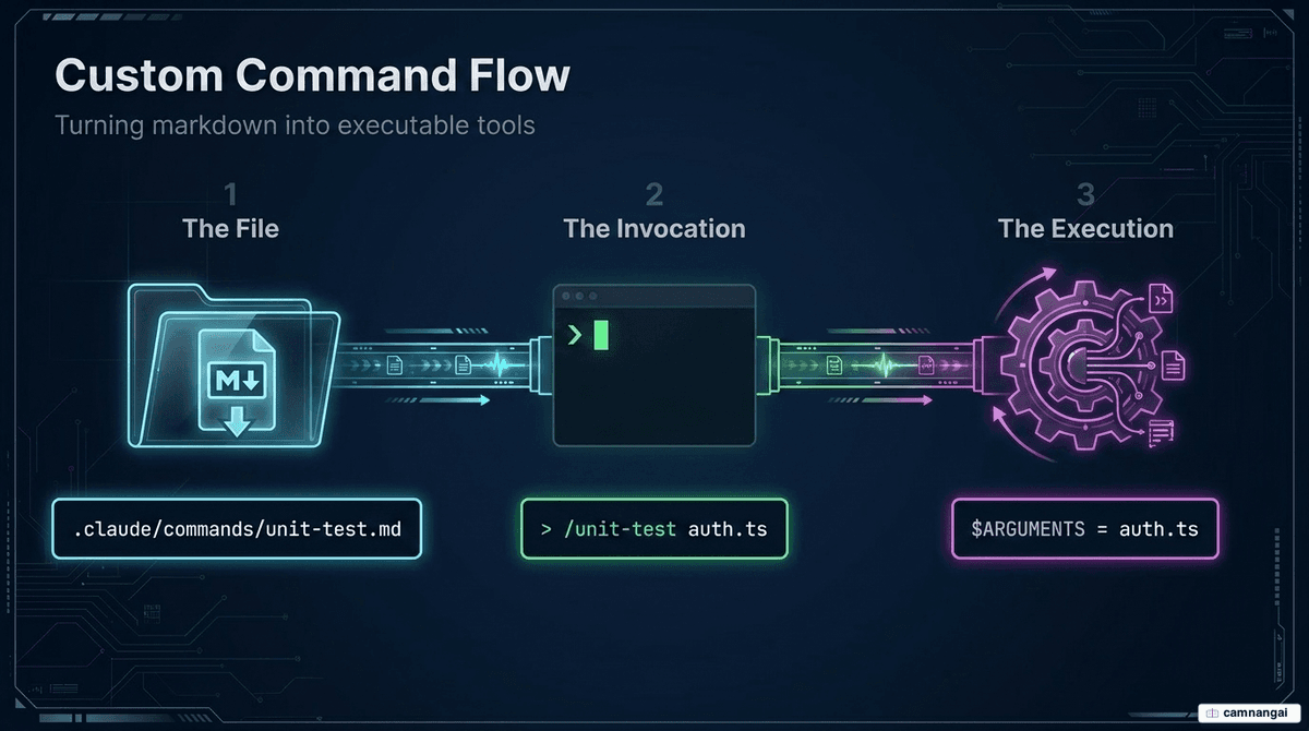Custom command flow: a Markdown file placed in .claude/commands/ becomes the /unit-test command, with arguments substituted into $ARGUMENTS