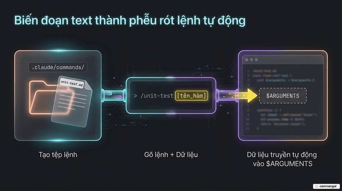 Quy trình tạo custom command: tệp Markdown đặt trong .claude/commands/ trở thành command /unit-test, phần tham số được truyền vào chỗ $ARGUMENTS