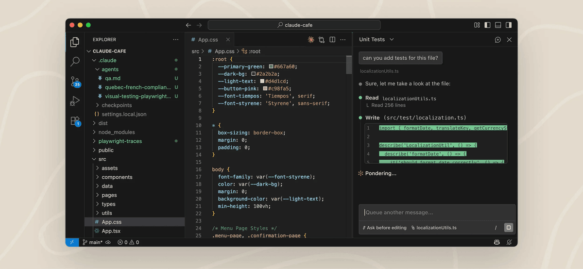 Claude Code extension in VS Code: the editor showing App.css on the left, and the Claude chat panel on the right reading and writing tests for the file