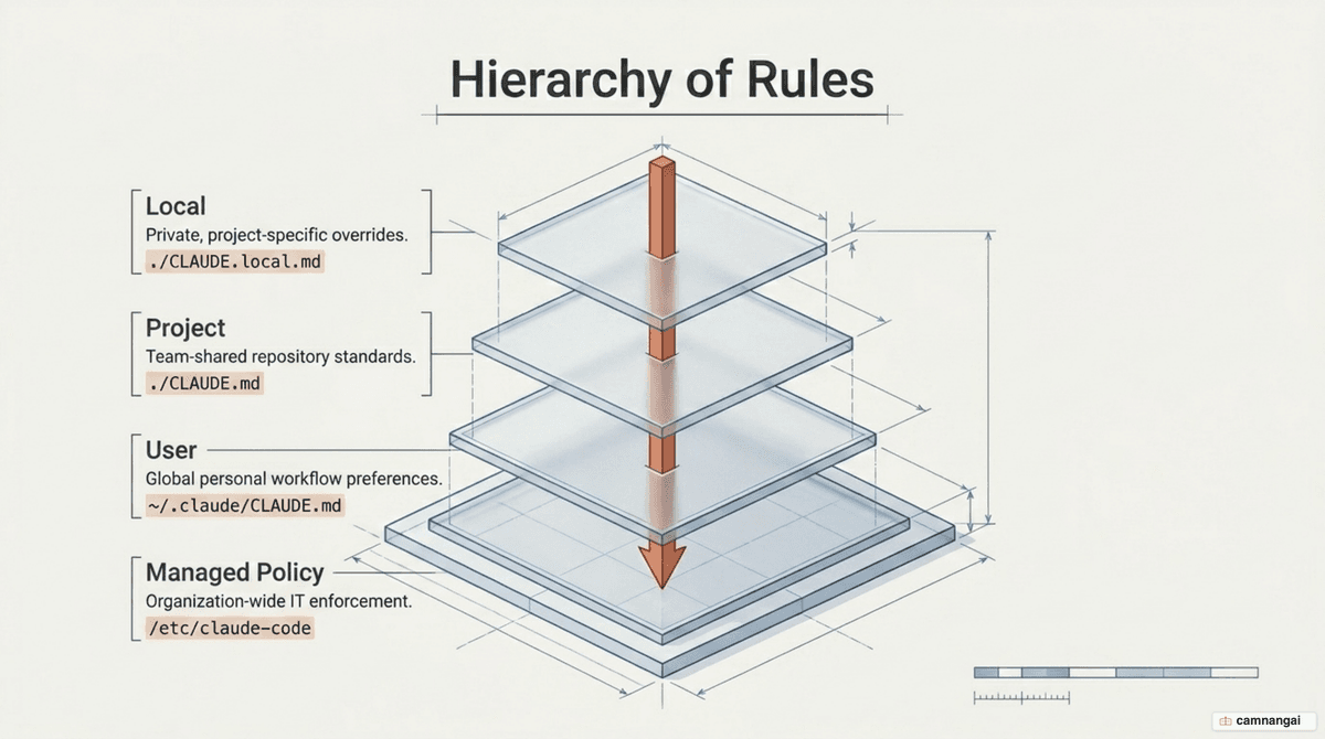The four CLAUDE.md scopes stacked by increasing precedence: Managed Policy, then User, then Project, and Local at the top.