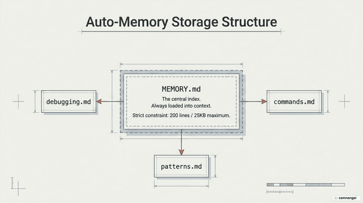 Auto-memory storage structure: a MEMORY.md index file (only its first 200 lines or 25KB loaded) pointing to on-demand topic files like debugging.md and commands.md.