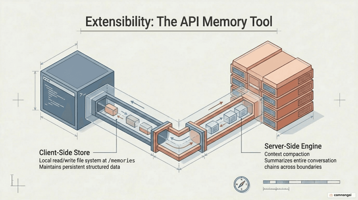 The API Memory Tool for self-built agents: a client-side read/write store at the /memories path paired with server-side context compaction.