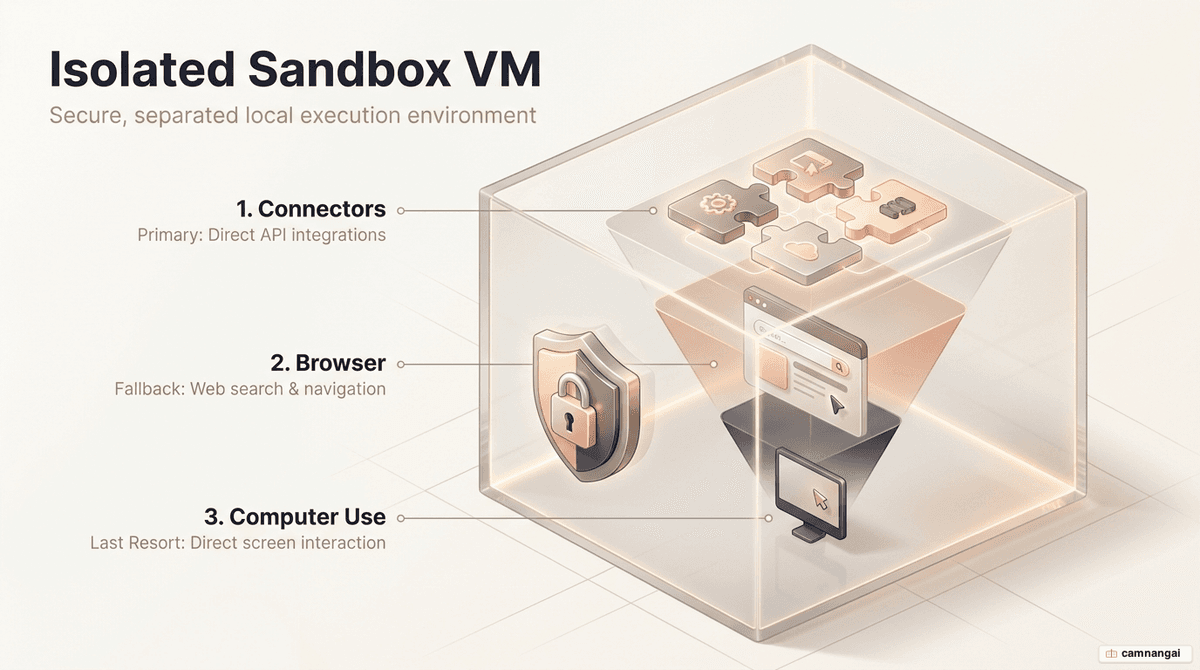 Diagram of how Claude Cowork runs a task: tool priority Connectors → browser → Computer Use, all executing inside an isolated sandbox VM