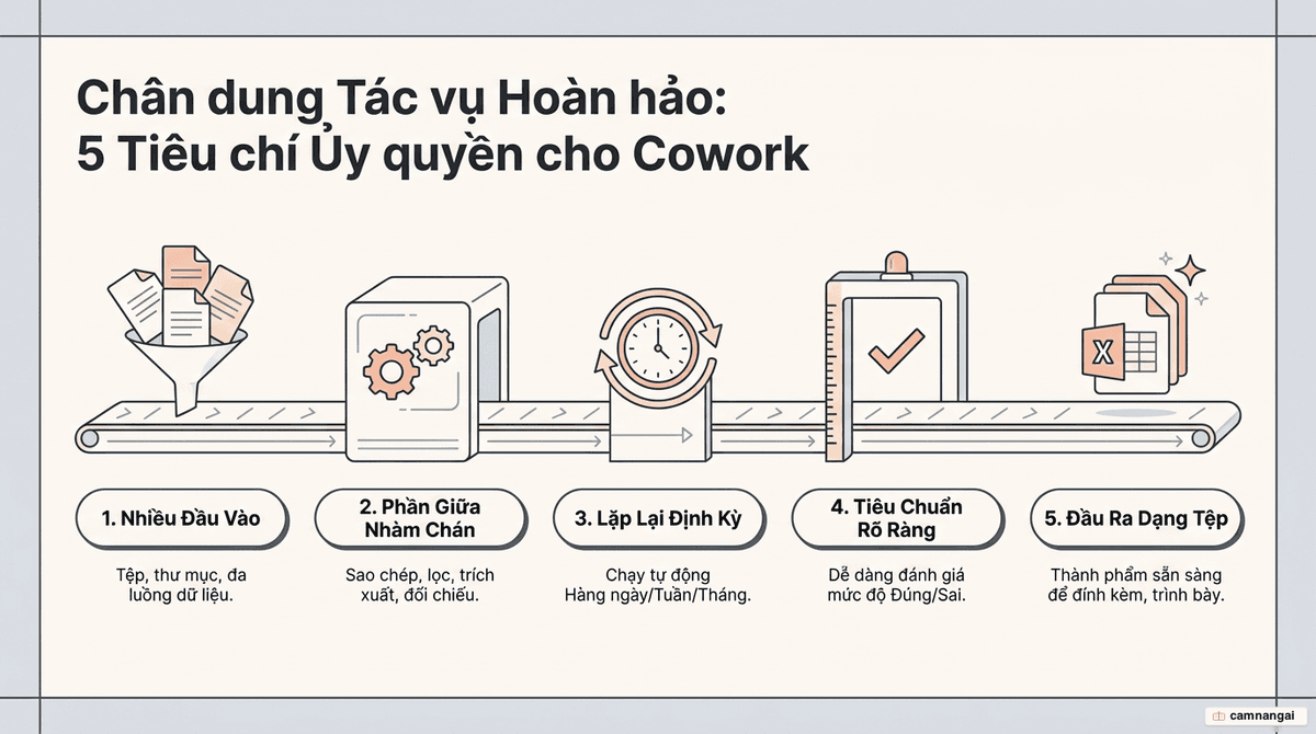 Năm tiêu chí của một tác vụ hợp với Cowork: nhiều đầu vào, có đầu ra dạng tệp, lặp lại định kỳ, phần giữa nhàm chán, và biết rõ tiêu chuẩn đúng sai
