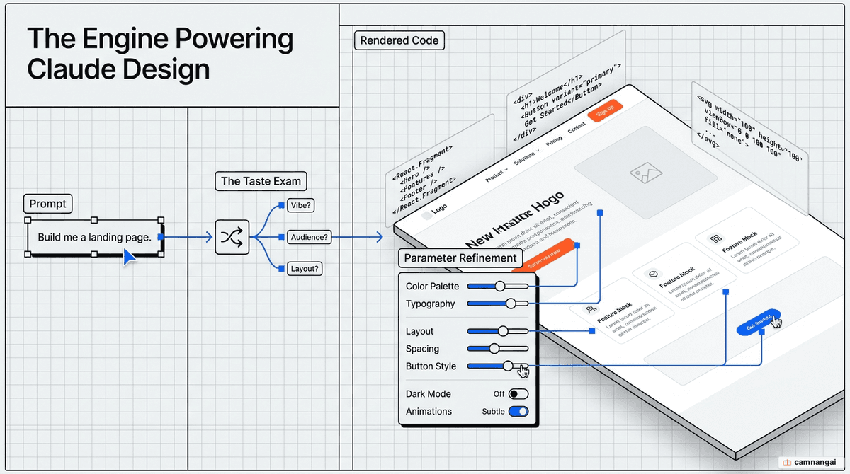 The Claude Design flow: a prompt leads to a taste exam, then code rendered on the canvas, then refinement with tweak sliders, inside the split chat-and-canvas interface
