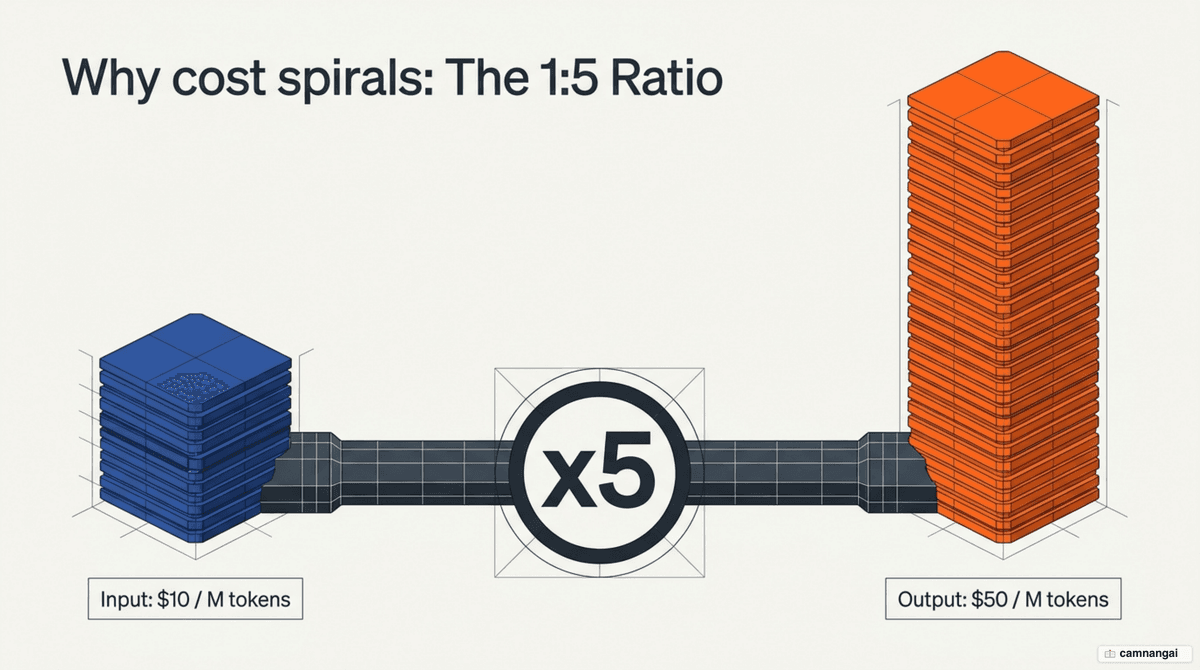 Diagram of the 1:5 cost ratio between $10 input and $50 output per million tokens on Claude Fable 5.