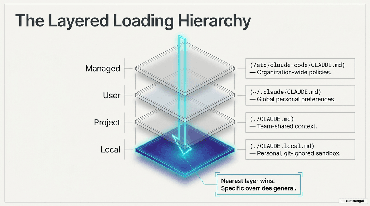 Layered diagram of how Claude Code loads files: four stacked scopes from Managed Policy down to User, Project, and Local, walking from the filesystem root to the working directory, where the layer nearest the working directory wins.