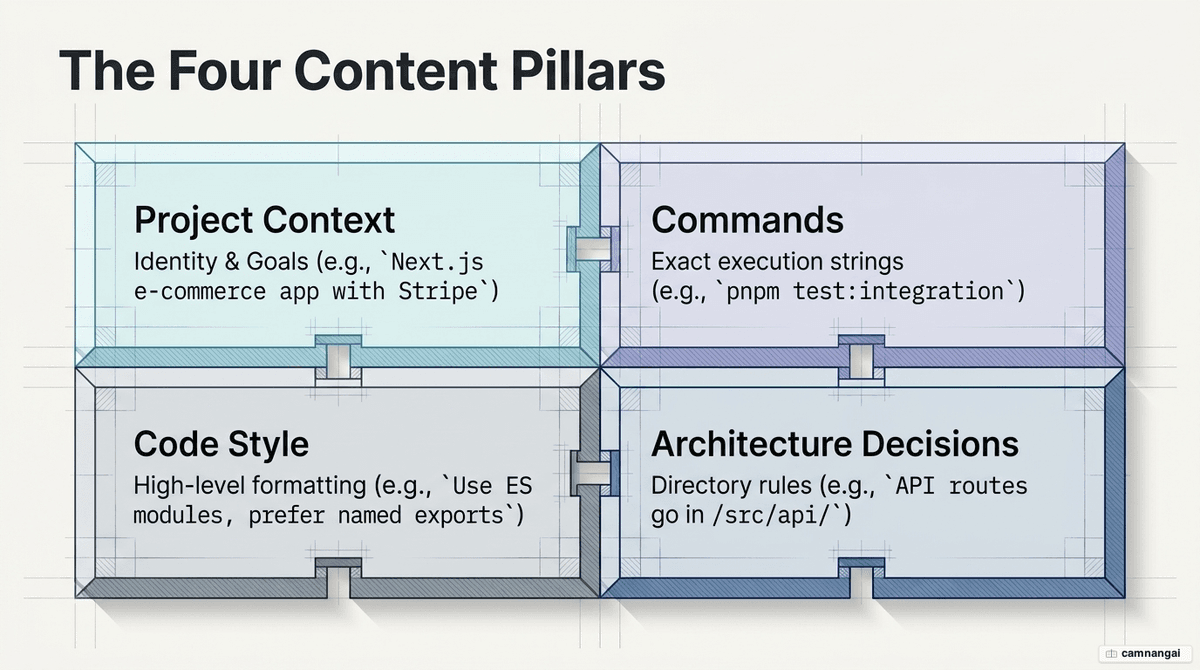 Diagram of the four pillars of an effective CLAUDE.md: Project Context, Commands, Code Style, and Architecture Decisions.