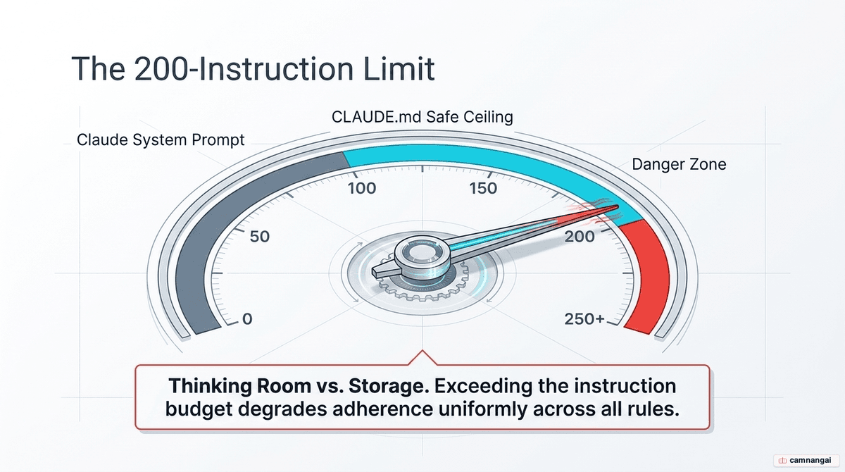 Diagram of the instruction budget: a safe ceiling of roughly 150–200 instructions, with the system prompt already taking ~50 and the remaining ~100–150 left for CLAUDE.md; exceeding it degrades adherence.