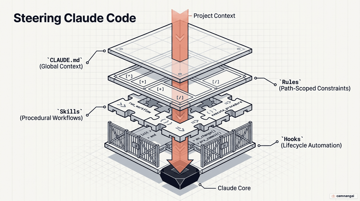 Cover illustration: Claude Code steered by a stack of memory files — CLAUDE.md, rules, skills and hooks — keeping project context across sessions.