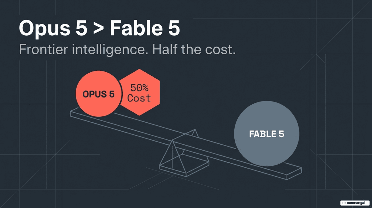 Cover image introducing Claude Opus 5 — stronger than Fable 5 at half the price.