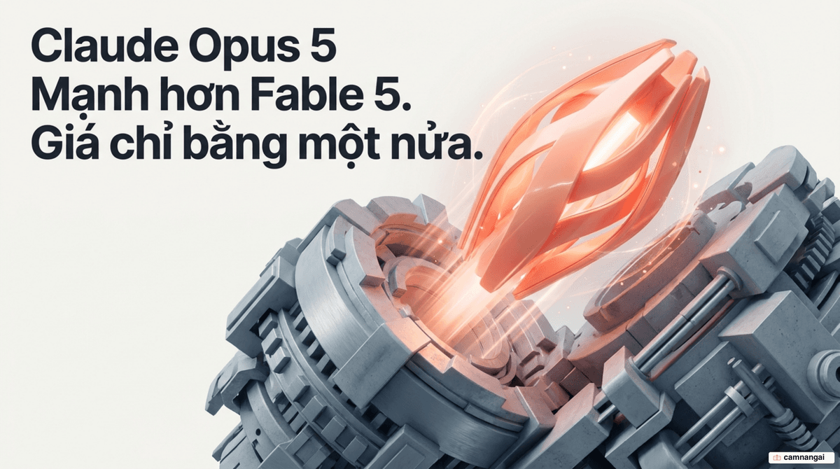 Ảnh bìa giới thiệu Claude Opus 5 — mô hình mạnh hơn Fable 5 nhưng chi phí chỉ bằng một nửa.