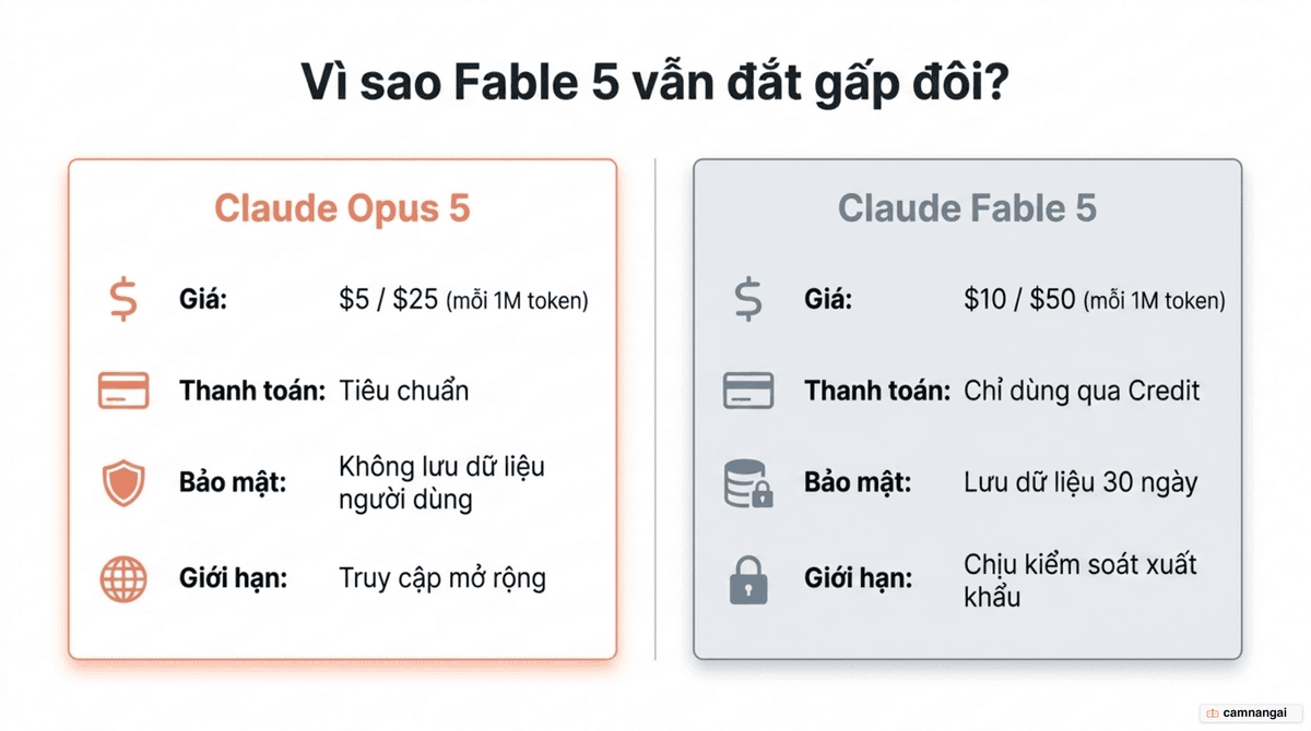 So sánh Claude Opus 5 ($5/$25 mỗi triệu token, không lưu dữ liệu người dùng) và Fable 5 ($10/$50, chỉ dùng qua credit, lưu dữ liệu 30 ngày, chịu kiểm soát xuất khẩu).