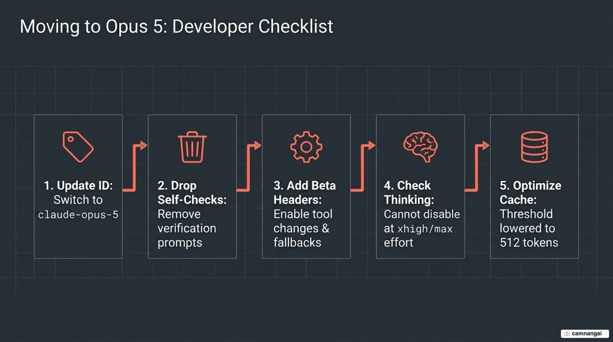 Migration steps for moving to Claude Opus 5: update the model ID, drop self-check prompts, add beta headers, mind the Effort levels and the 512-token cache threshold.