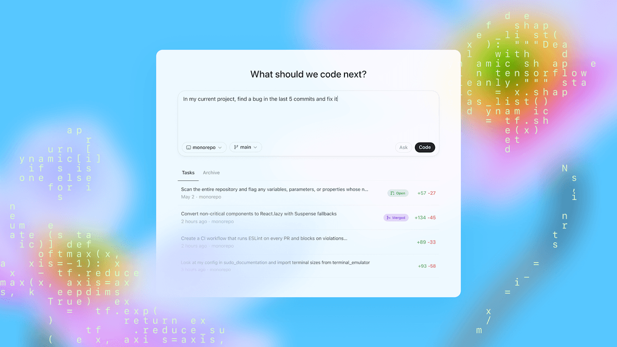 OpenAI's Codex Cloud dashboard with a "What should we code next?" prompt box, a running task list, and repository and branch selectors
