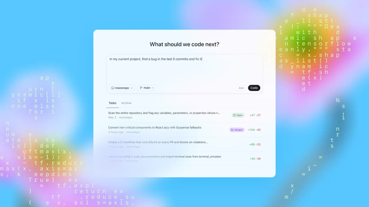 Bảng điều khiển Codex Cloud của OpenAI với ô nhập "What should we code next?", danh sách tác vụ đang chạy và bộ chọn kho lưu trữ cùng nhánh