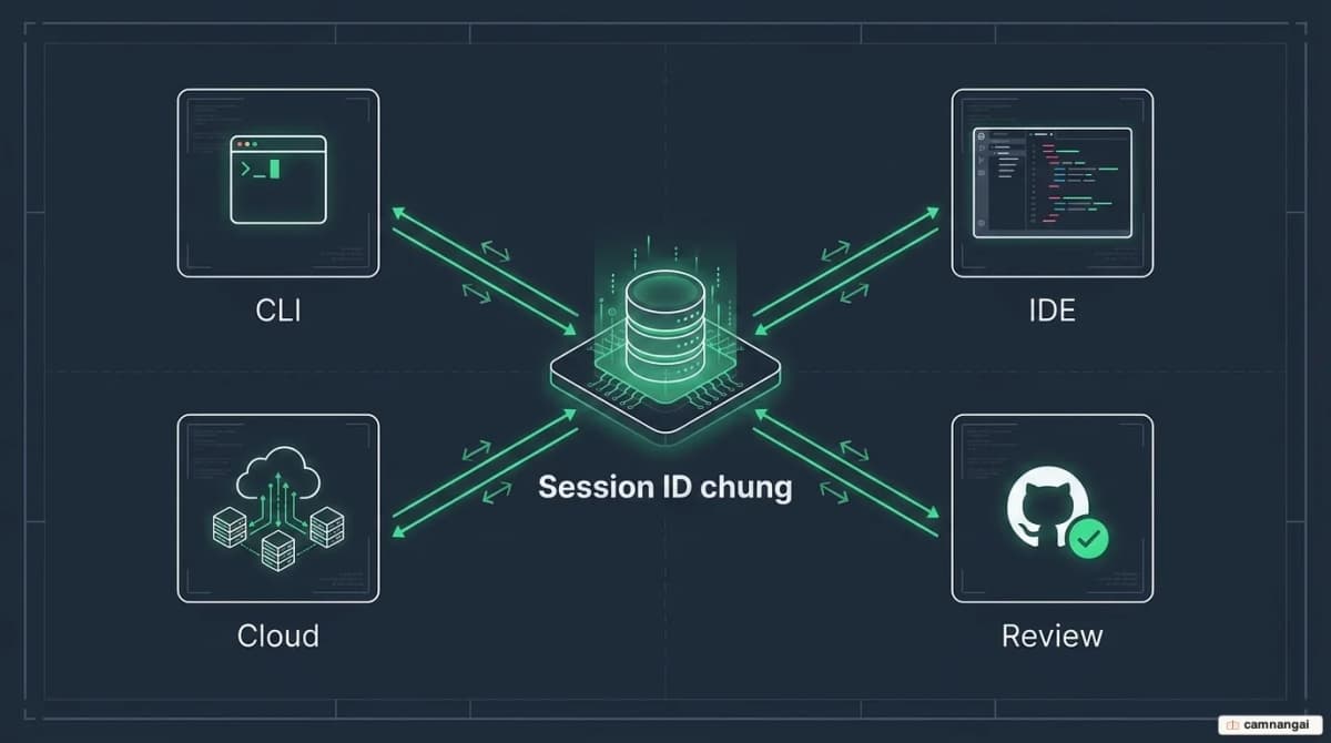 Sơ đồ bốn bề mặt của Codex — CLI, IDE, Cloud và Review — cùng kết nối với nhau qua một Session ID chung