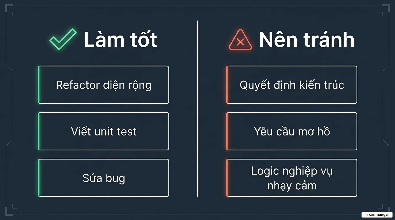 Bảng so sánh hai cột: Codex nên dùng (refactor diện rộng, viết unit test, sửa bug có stack trace) và nên tránh (quyết định kiến trúc, yêu cầu mơ hồ, logic nghiệp vụ nhạy cảm)