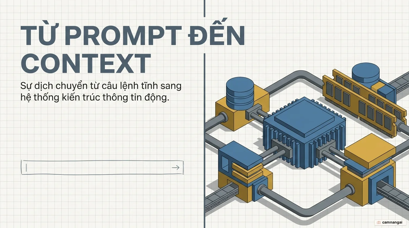 Sơ đồ minh hoạ sự dịch chuyển từ prompt engineering (một câu lệnh tĩnh đơn lẻ) sang context engineering (kiến trúc hệ thống nạp thông tin động cho mô hình tại thời điểm chạy (runtime))