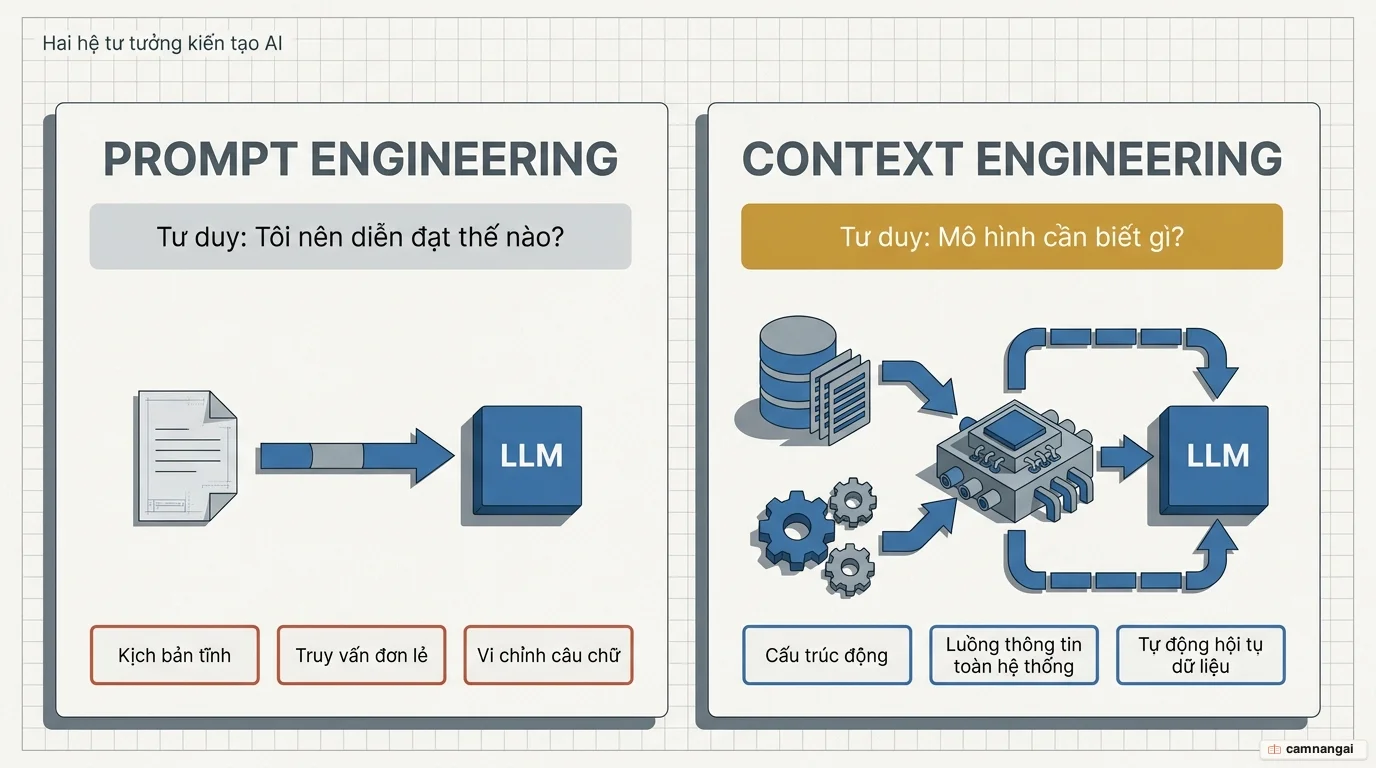 Bảng so sánh prompt engineering và context engineering: một bên hỏi "diễn đạt thế nào" cho truy vấn đơn lẻ, một bên hỏi "mô hình cần biết gì" cho luồng thông tin toàn hệ thống