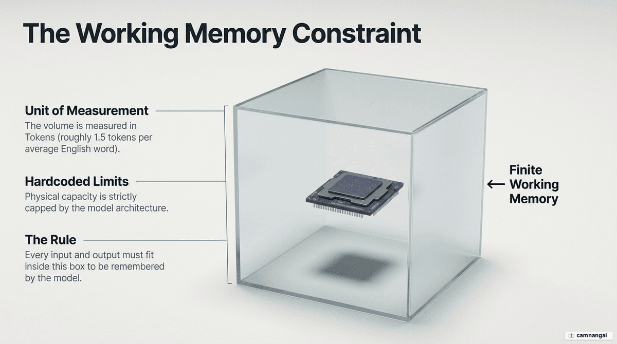 Conceptual diagram of the context window as a finite working-memory box inside a large language model, distinct from its vast training data