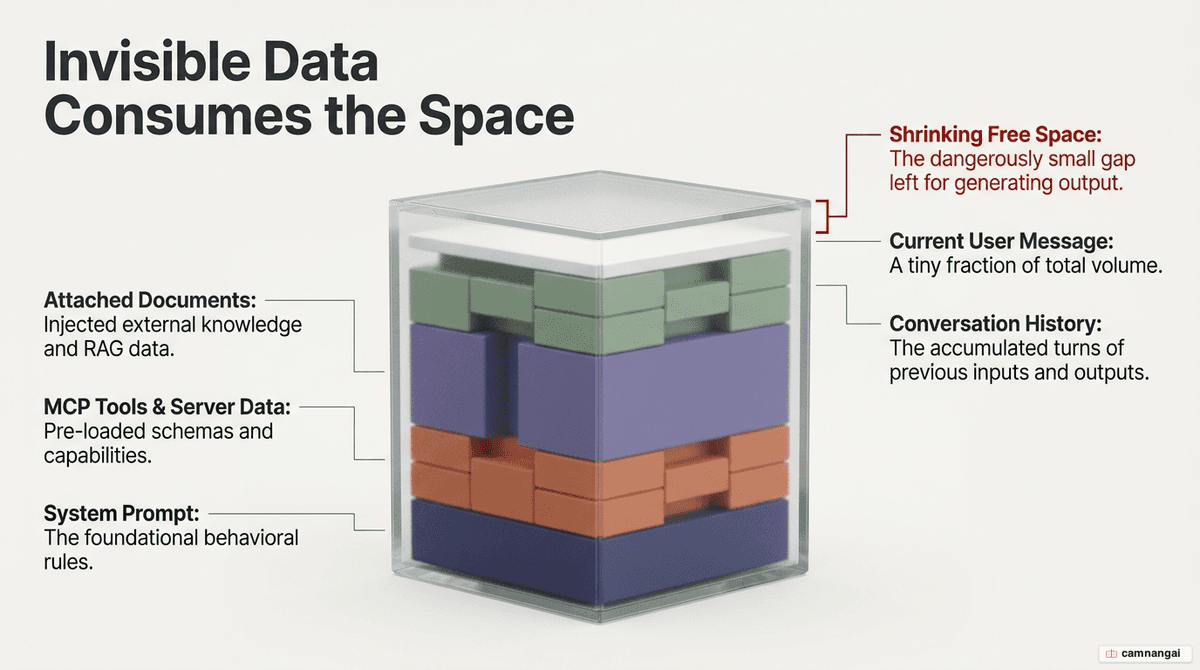 Diagram of the components competing for space inside the context window box: system prompt, conversation history, attached documents, RAG data and MCP tools, leaving shrinking free space