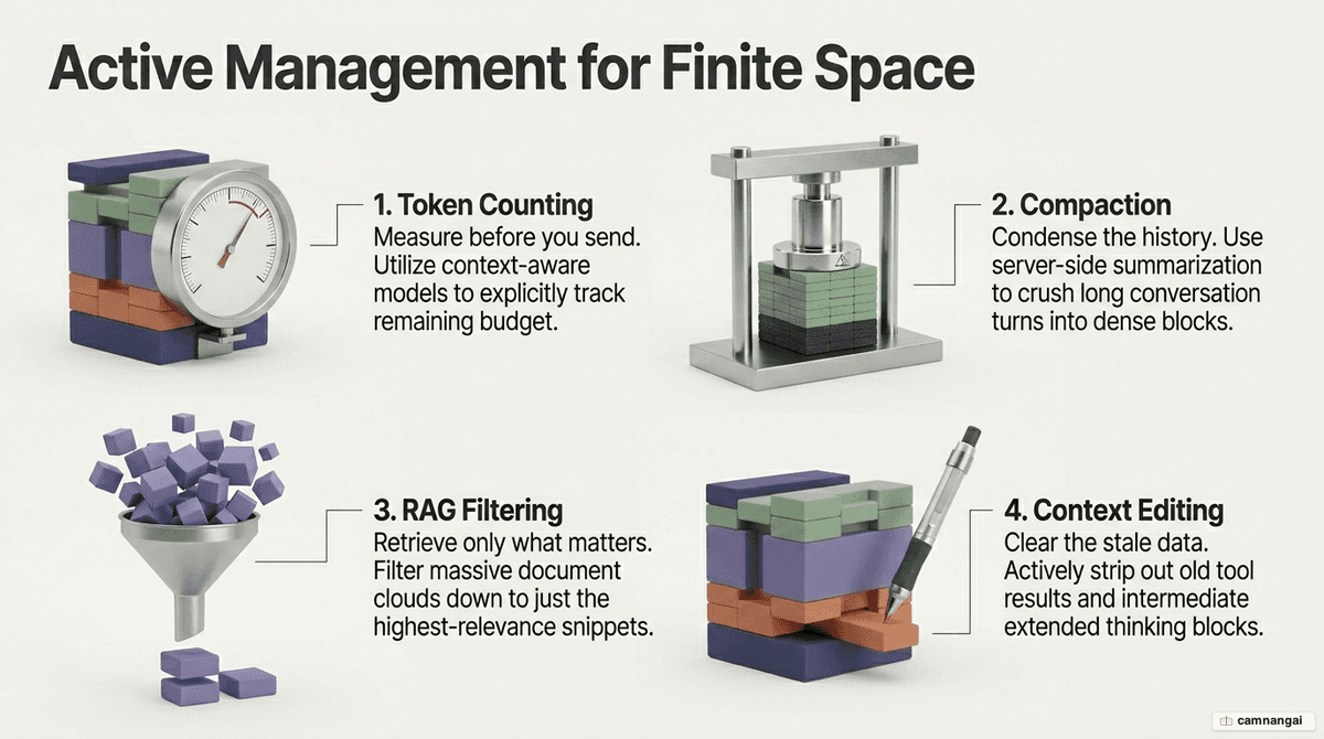 Diagram of four context-window management techniques: token counting, compaction, RAG filtering and context editing