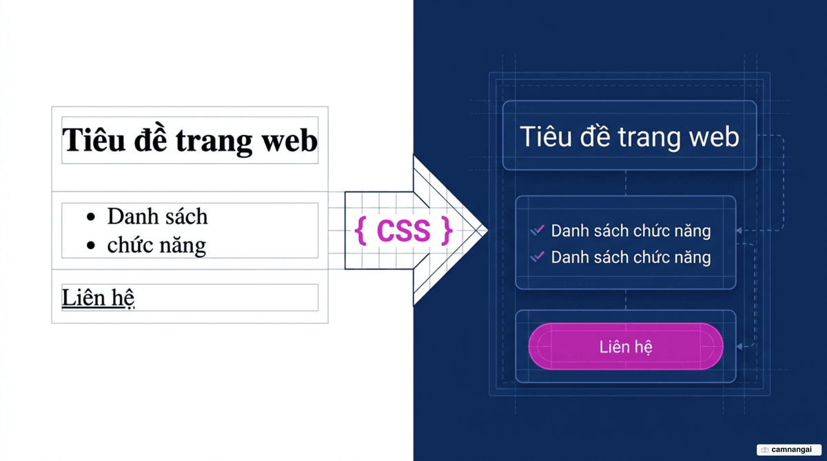 Một trang web chỉ có HTML thô biến thành trang có bố cục, màu sắc và kiểu chữ sau khi được CSS định kiểu — hình ảnh chủ đề của bài viết