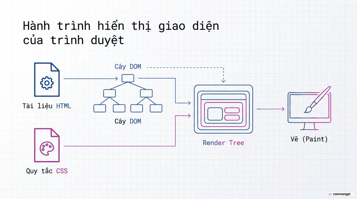 Đường đi trong trình duyệt: tài liệu HTML dựng thành cây DOM, kết hợp với quy tắc CSS tạo ra Render tree rồi được vẽ lên màn hình
