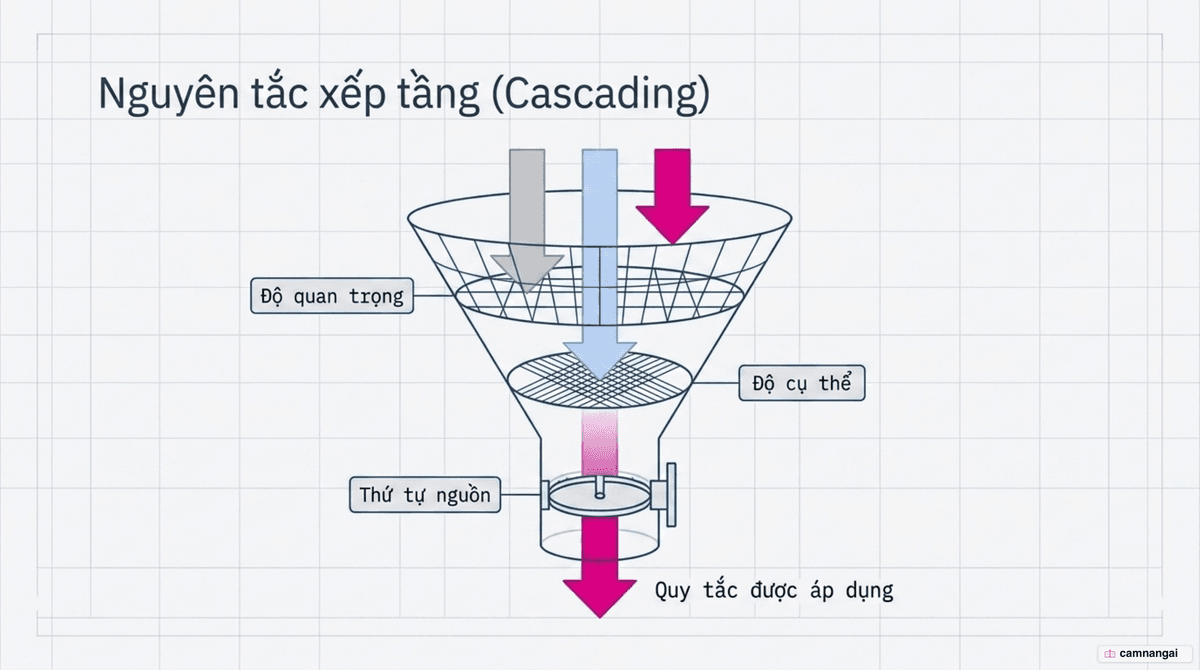 Thứ tự trình duyệt giải quyết xung đột CSS: xét Importance trước, rồi tới Specificity, cuối cùng là Source order