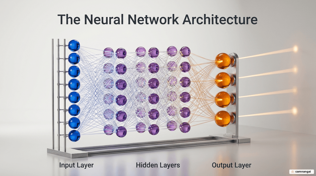 A neural network's structure: an input layer connected through hidden layers to an output layer