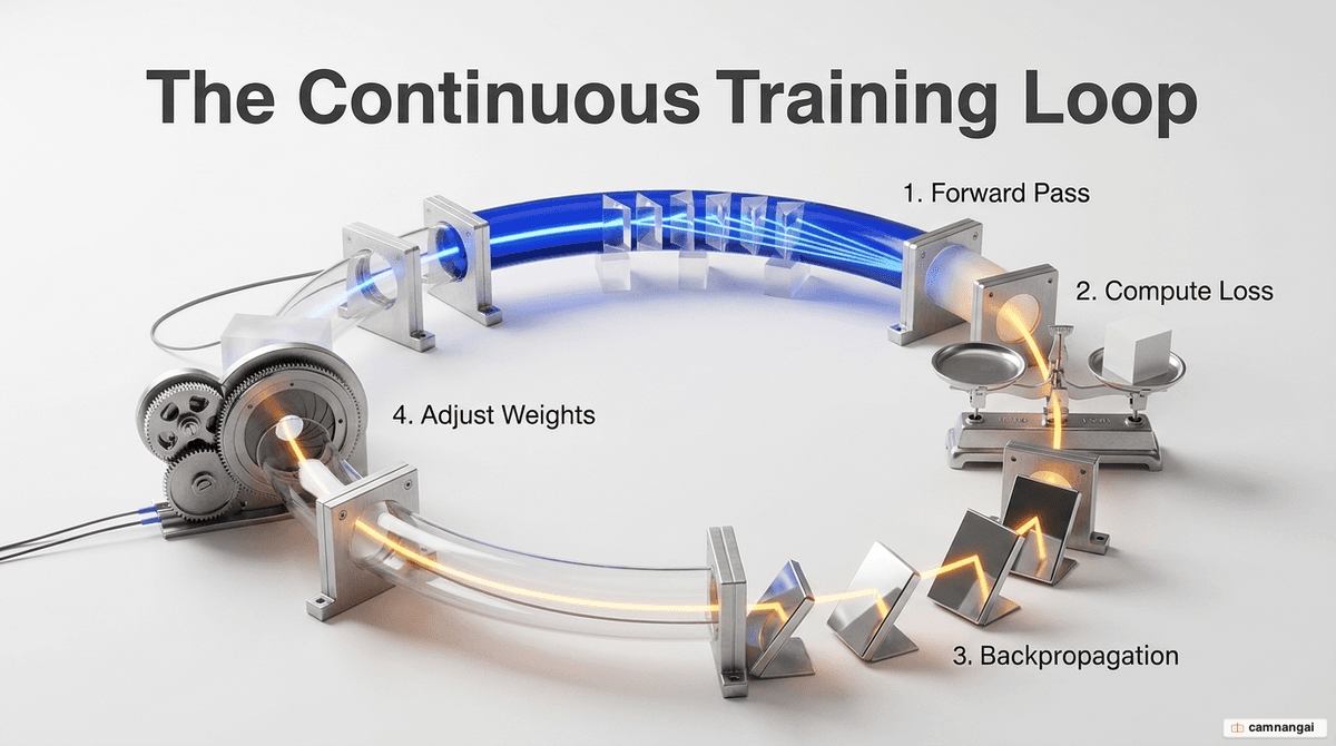 The continuous training loop: forward pass, compute loss, backpropagation, then adjust weights and repeat