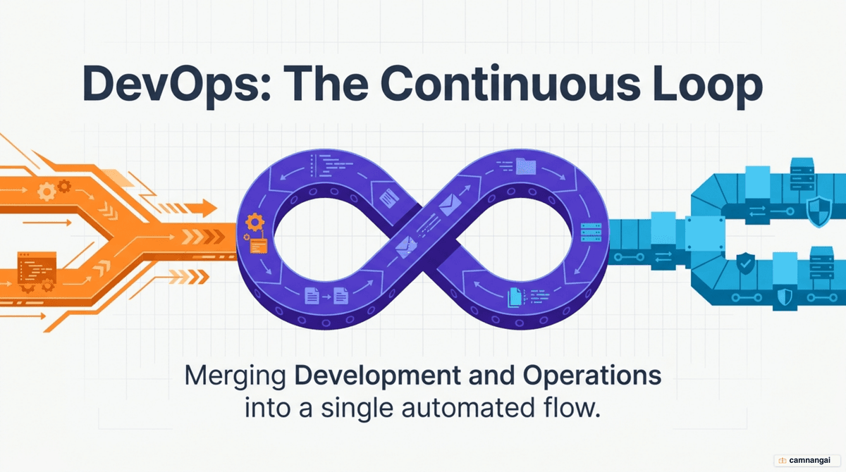 Development and operations merging into one continuous automated loop — the theme of DevOps