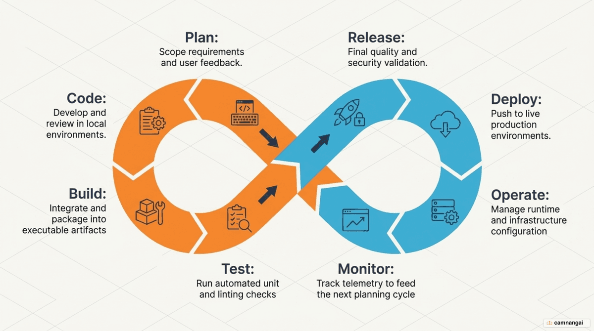 The DevOps lifecycle as an infinity loop with its eight stages: Plan, Code, Build, Test, Release, Deploy, Operate, Monitor