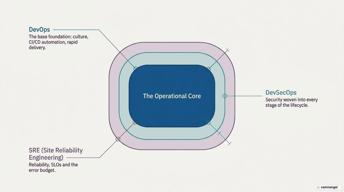 How DevOps, DevSecOps and SRE relate: DevOps as the foundation, DevSecOps adding security, SRE adding reliability and the error budget