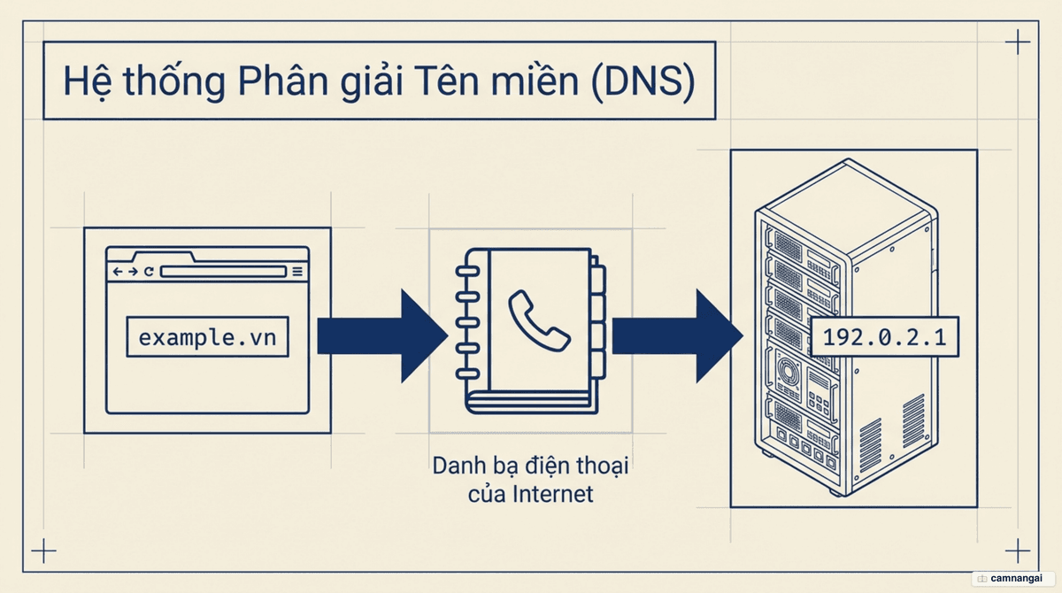 Minh hoạ DNS: một tên miền dễ đọc được chuyển thành địa chỉ IP bằng số để máy tính tìm được nhau
