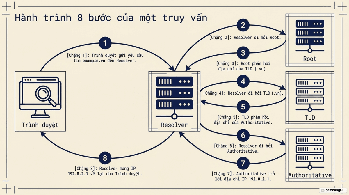 Hành trình tám bước của một truy vấn DNS, từ trình duyệt qua Resolver, Root, TLD, Authoritative rồi quay ngược lại