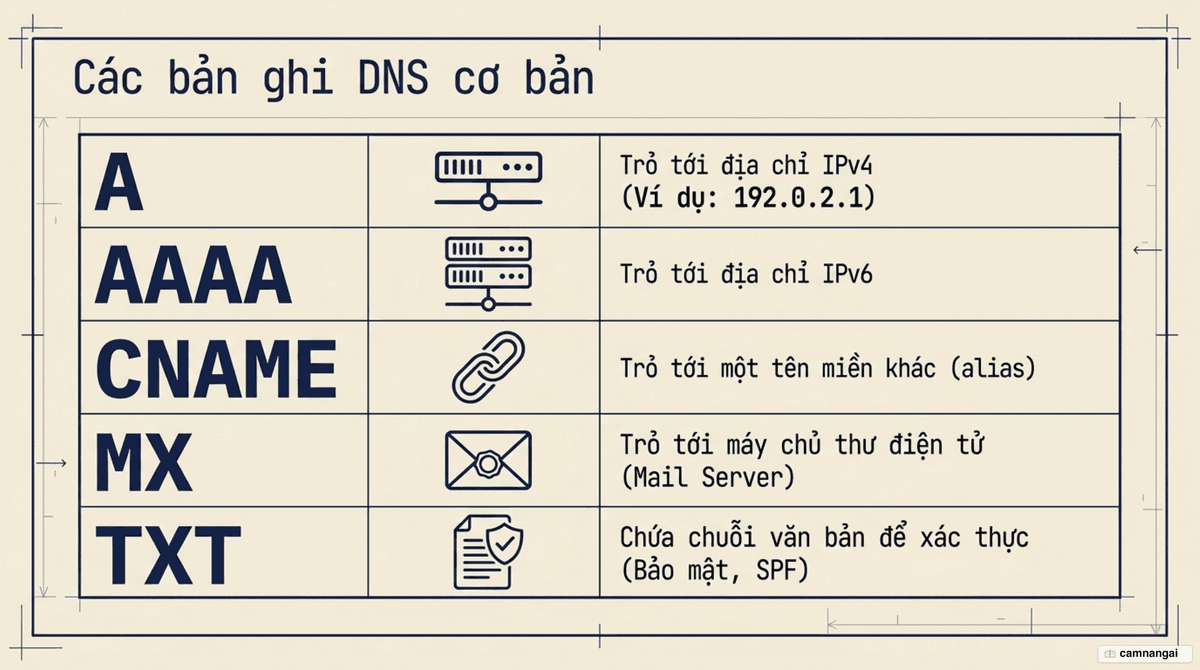 Các loại bản ghi DNS và đích mà mỗi loại trỏ tới: A, AAAA, CNAME, MX và TXT
