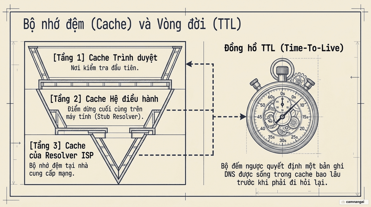 Các tầng cache DNS — trình duyệt, hệ điều hành và Resolver của ISP — cùng đồng hồ TTL đếm ngược