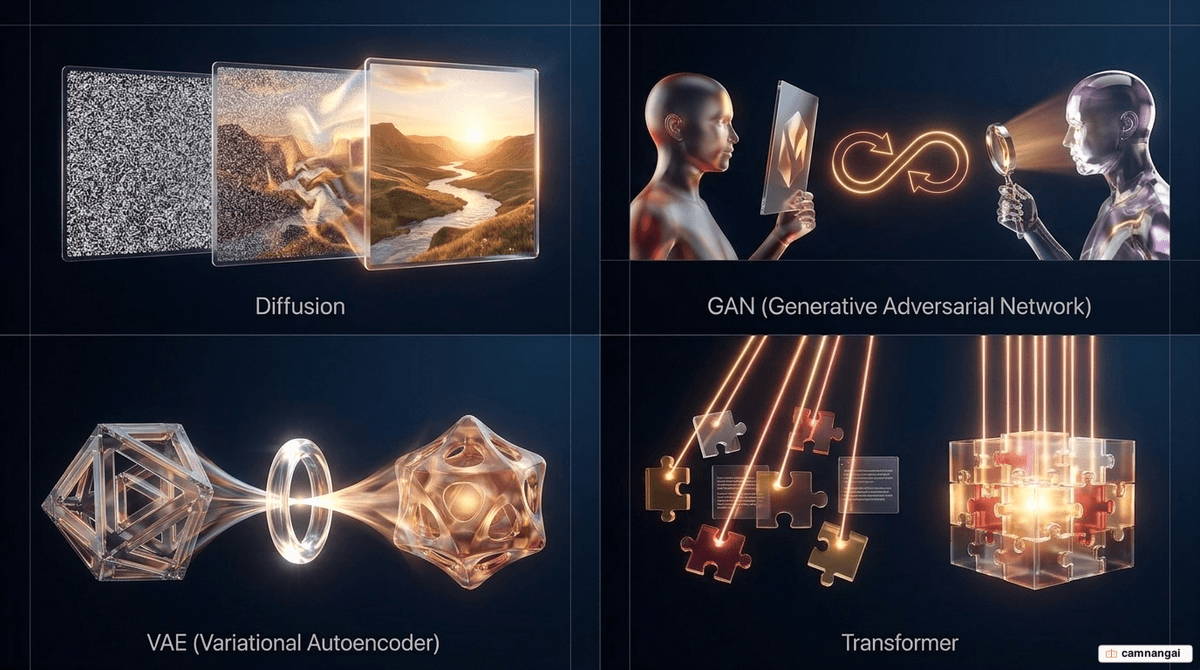 Bốn họ mô hình AI tạo sinh phổ biến: Diffusion, GAN, VAE và Transformer, mỗi loại tối ưu cho một định dạng nội dung khác nhau
