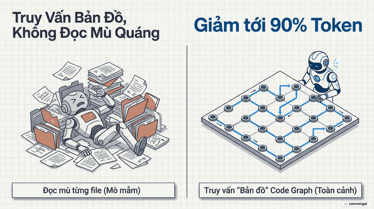 Claude Code truy vấn "bản đồ" mã nguồn do Code Graph dựng sẵn thay vì đọc lần lượt từng file, nhờ đó tiết kiệm token