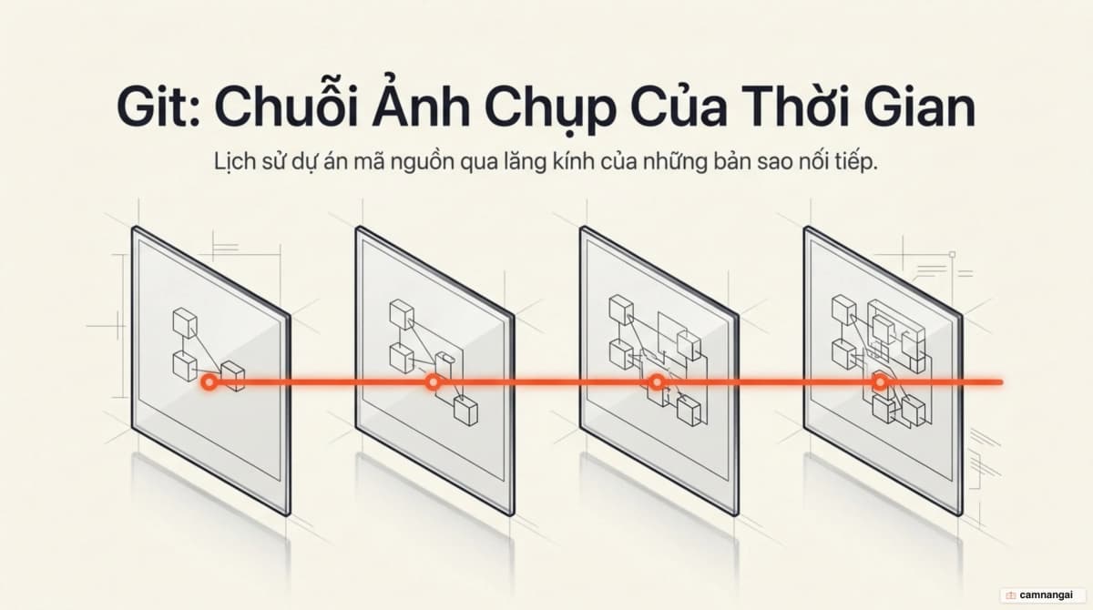 Lịch sử của một dự án mã nguồn được Git lưu lại thành chuỗi ảnh chụp nối tiếp nhau theo thời gian