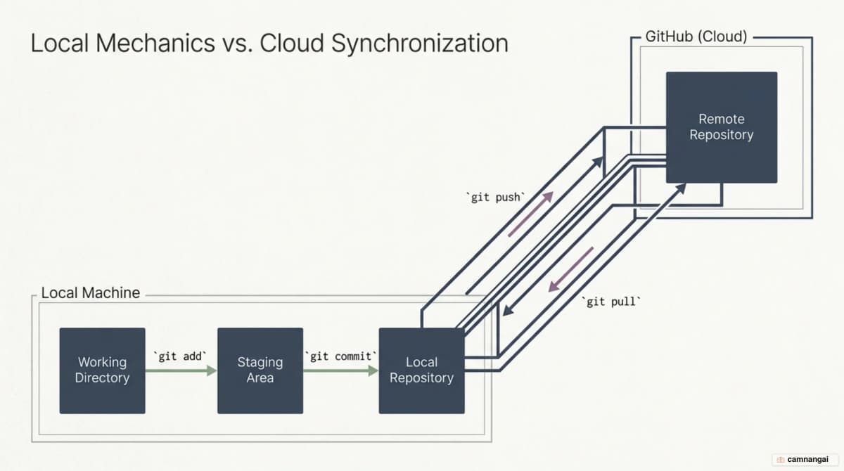 Git running locally across three zones, connected to the GitHub remote by push and pull