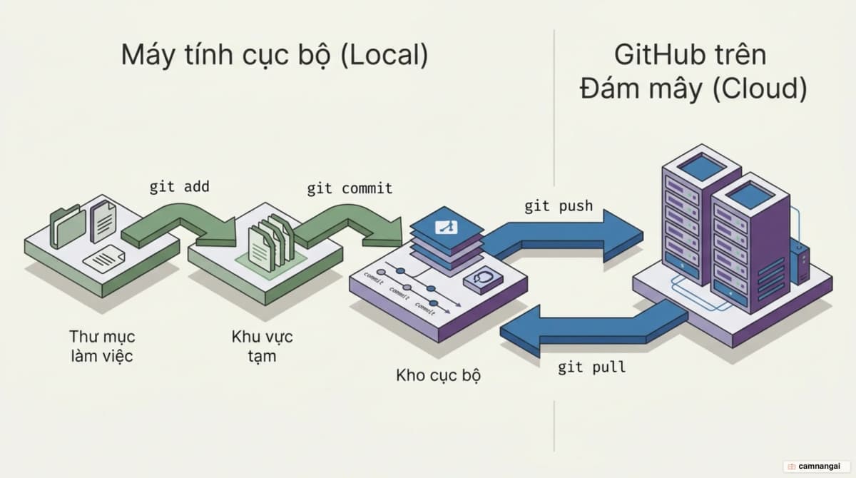 Git chạy cục bộ với ba khu vực làm việc, nối lên kho từ xa trên GitHub bằng thao tác push và pull