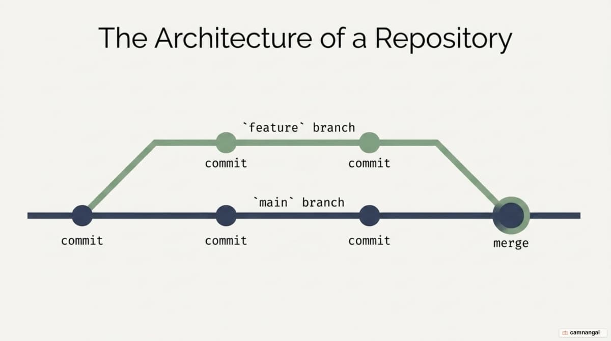 A chain of commits along the main branch with a feature branch splitting off and merging back