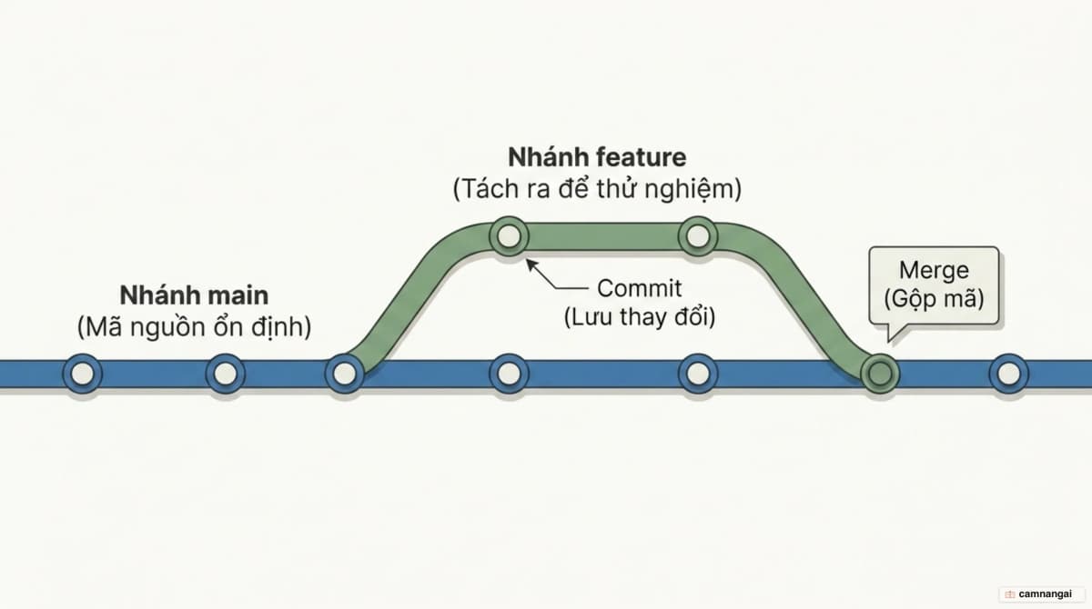 Chuỗi commit trên nhánh main, một nhánh feature tách ra thử nghiệm rồi gộp trở lại