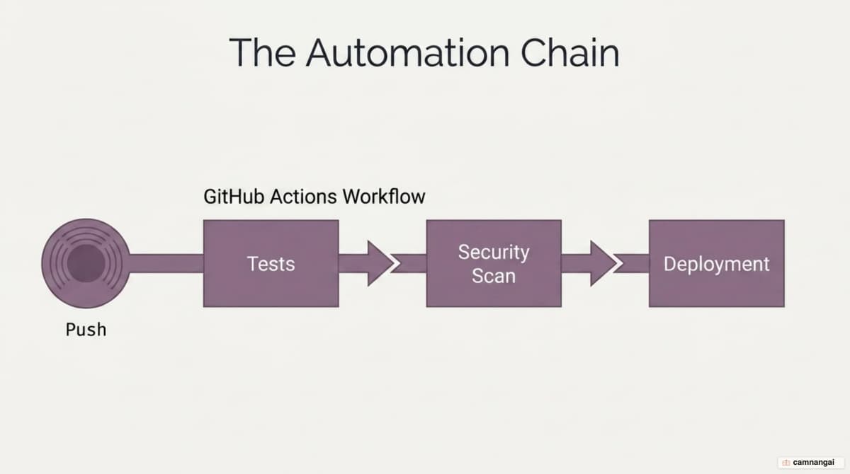 A push triggering a GitHub Actions workflow that runs tests, a security scan and a deployment